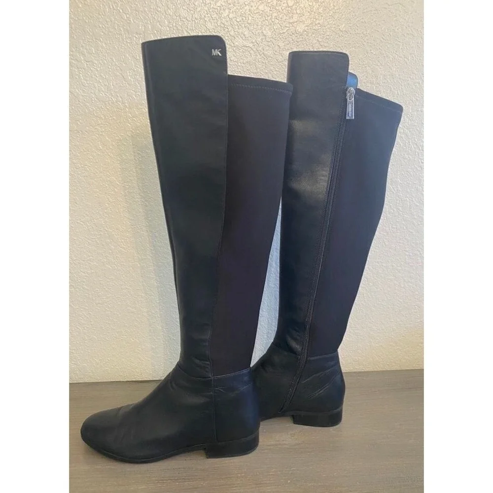 Michael Kors Black Leather Over the Knee Mixed Stretch Boots Low Heel Womens 7.5